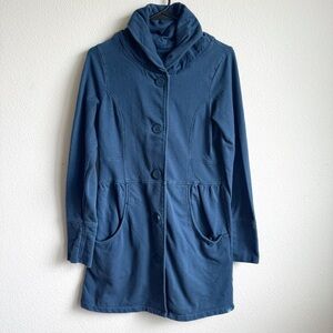 Prana cotton knit blue long trench style coat size extra small